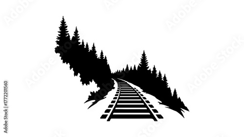 Railway tracks receding into forest with transparent background
