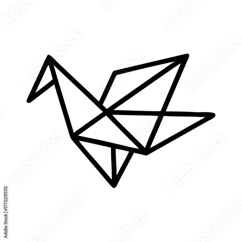 Simple black line illustration featuring an origami bird motif. Monochrome. Chicken.