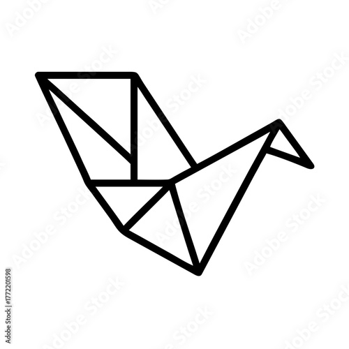 Simple black line illustration featuring an origami bird motif. Monochrome. Chicken.