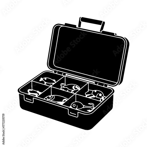 Open tackle box with fishing lures with transparent background