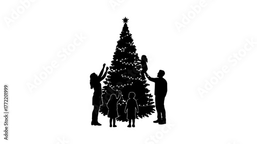 Family decorating christmas tree with transparent background