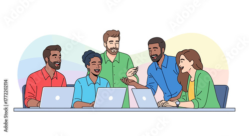 Team Of Professionals Laughing While Working On Laptops During Brainstorming Session