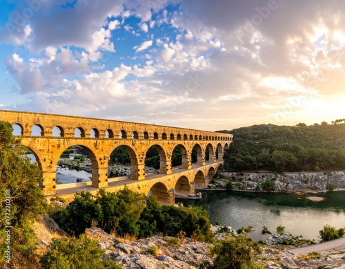 Pont du Gard - Ancient Roman Aqueduct in Southern France at Sunset.