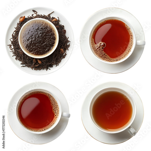 Collection set of Cup of black tea In different perspectives, isolated on a transparent background