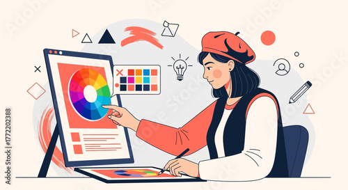 Creative Designer Working On Color Palette Selection and Digital Design Process