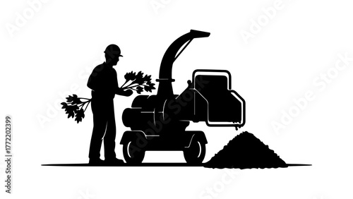 Wood chipper and worker with transparent background