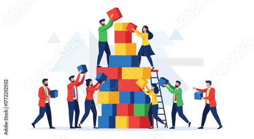 Teamwork And Collaboration: Building A Tower With Colorful Cube Blocks Together