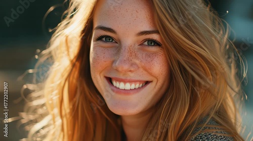 A close-up portrait of a smiling woman with prominent freckles and long, reddish-blonde hair.
