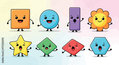 Adorable geometric shapes with kawaii faces expressing joy and wonder in vibrant colors for educational materials