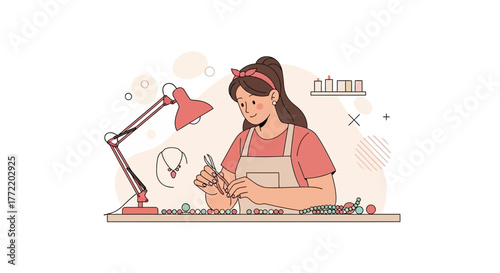 Woman Crafting Jewelry at a Table, Preparing to Fashion Necklaces and Bracelets
