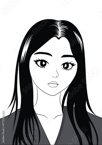 Beautiful Anime Girl Portrait in Black and White — Manga Style Illustration