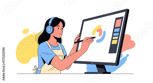 Woman Creates Digital Art Using a Tablet, Headphones, and Modern Graphic Design Software Solutions