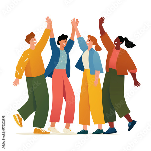 Diverse group of four friends celebrating with high fives and joyful expressions isolated on transparent background