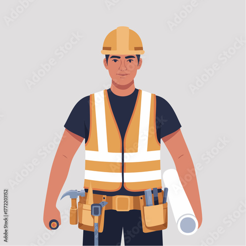 Skilled male construction worker character in safety uniform, wearing a hard hat and reflective vest, holding architectural plans and a tool belt, ready for building projects