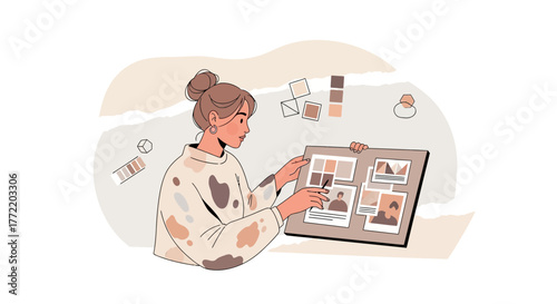 Woman Designing and Presenting a Moodboard for a Creative Project Strategy Concept.
