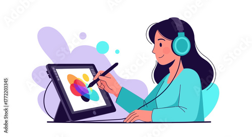Woman Designing Artistic Images Using a Digital Tablet and Listening to Music