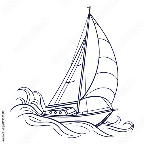A beautiful sailboat with full sails glides across the ocean waves in a simple and elegant line drawing illustration