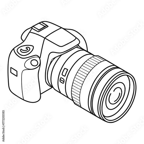 A detailed line art illustration of a modern digital single lens reflex camera with a zoom lens attached presented in a clean and simple style