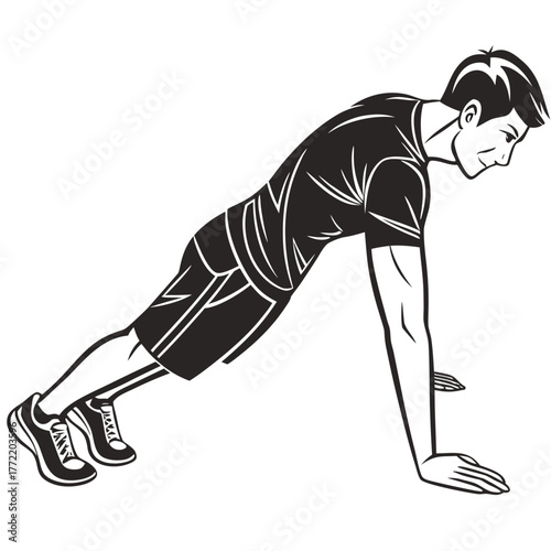 A fit man performing a push up exercise in a black t shirt and shorts demonstrating strength training and physical fitness