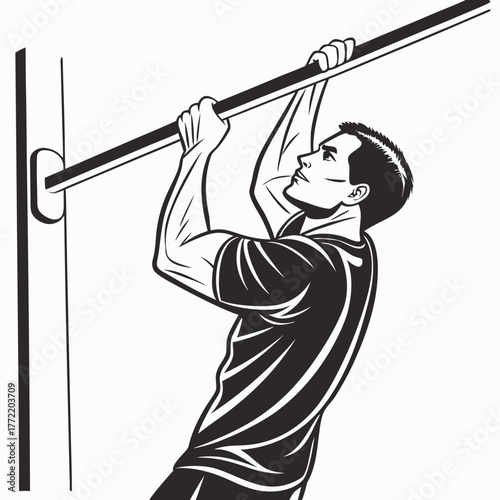 Athletic man performing a pull up exercise on a horizontal bar demonstrating strength and fitness in a monochrome illustration style