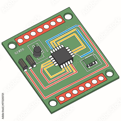 Close up isometric view of a green printed circuit board with a black integrated circuit chip and various electronic components including resistors and capacitors