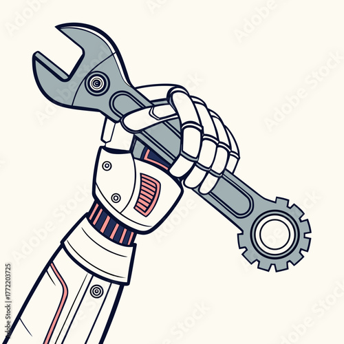 Close up of a futuristic robotic arm holding a wrench and a gear symbolizing automation and mechanical engineering innovation
