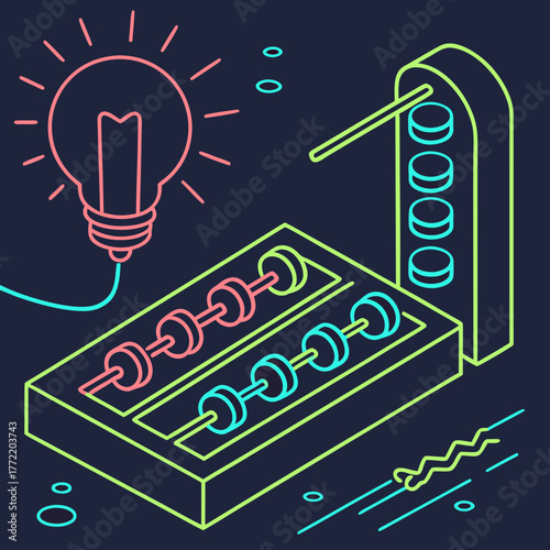 Conceptual illustration of a glowing light bulb connected to an abacus and a counting mechanism symbolizing innovation and calculation