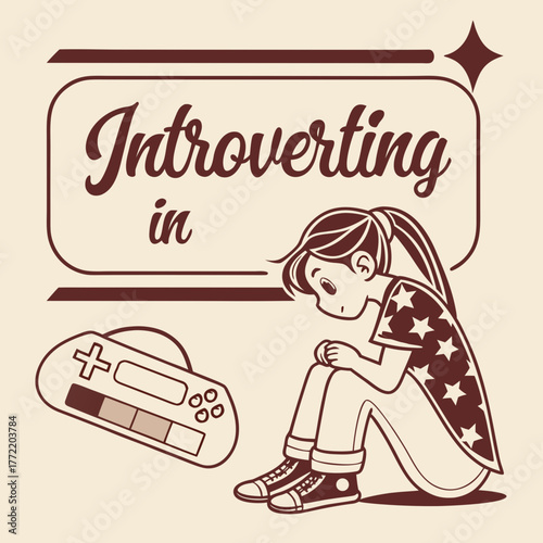 Cute cartoon girl embracing introverting with video games as a preferred solitary hobby and pastime