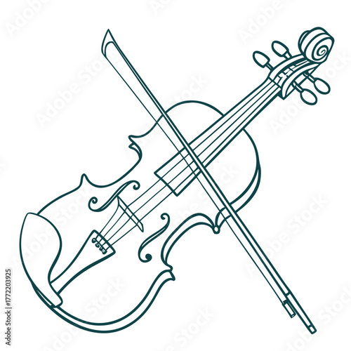 Elegant line art illustration of a violin and bow on a white background symbolizing classical music and performance