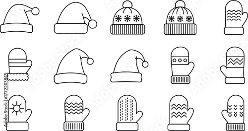 Set of winter hats and mittens with knitted santa hat and gloves