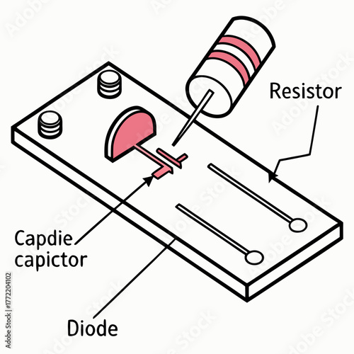 Isometric illustration of electronic components including a resistor capacitor and diode on a circuit board with labels