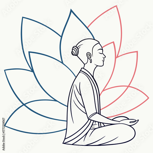 Serene person meditating peacefully in a lotus position with a stylized lotus flower blooming behind them