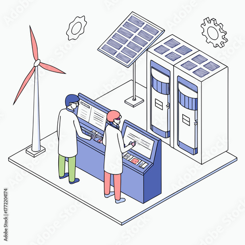 Scientists in a futuristic control room monitoring renewable energy sources and data servers with wind turbine and solar panels