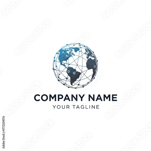 Global Network Connection Logo Design with Earth Map and Interconnected Dots.