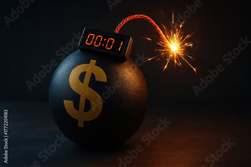 Black bomb with dollar sign and lit fuse showing countdown timer, symbolizing financial risk
