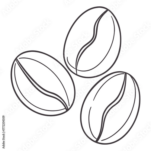Simple line art illustration of three coffee beans isolated on a white background for beverage design