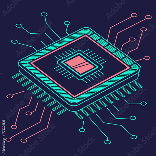 Stylized isometric illustration of a central processing unit chip with glowing neon lines and circuit board connections against a dark background