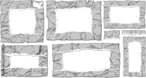 Unique crumpled paper frames for grunge designs and creative announcements or stylish notes