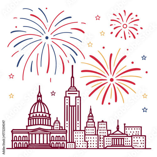 Stylized line art illustration of famous american city skylines with red white and blue fireworks and stars celebrating independence day