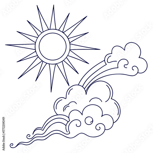 Stylized outline drawing of a radiant sun shining brightly above whimsical clouds with a gentle rainbow arc emerging from them