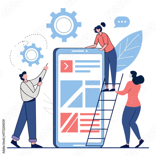 Team of developers collaborating on a large smartphone screen designing user interface and user experience for a new application