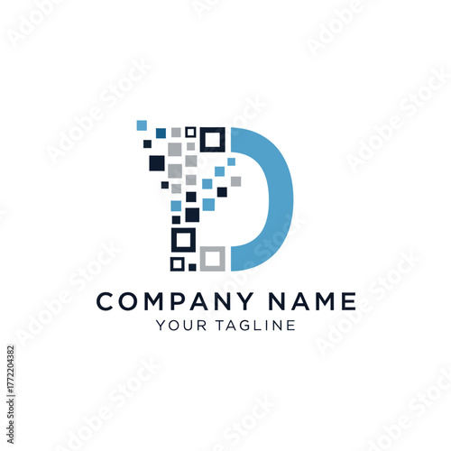 Digital letter D logo with pixelated squares representing data and technology.