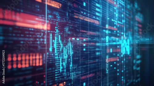Advanced digital stock market interface displaying colorful financial charts with data analytics and trend graphs on futuristic technology background