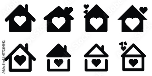 House icon with love shape, Home icon set with heart shape, Modern minimalist black home icons collection, House icons vector illustration