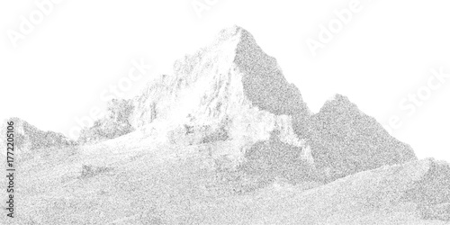 Stipple mountain landscape, pointillism texture forming sharp ridges and peaks. Fine grain relief creating misty atmospheric contrast, vector illustration