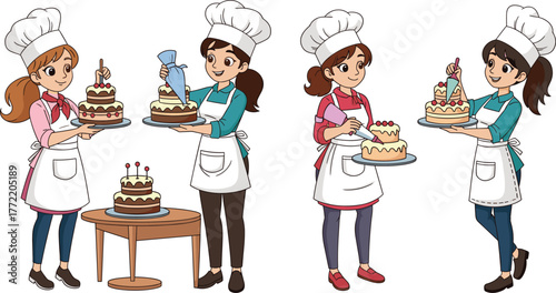 Cartoon female bakers decorating cakes with cream and fruits wearing chef hats and aprons in kitchen bakery illustration for design.