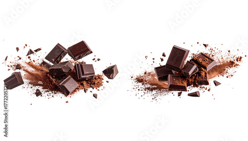 Delicious dark chocolate bars broken into pieces, ideal for a sweet cocoa snack, isolated on a white background