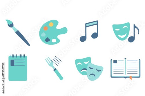 Vibrant collection of flat vector icons illustrating diverse artistic hobbies, creative expressions, and cultural activities for design projects