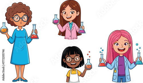 Cartoon female scientists and young girls holding laboratory flasks with colorful liquids, science education chemistry research experiment vector illustration design