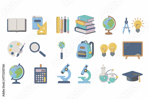 School supplies collection books, pencils, globe, backpack, calculator, and microscope illustrations